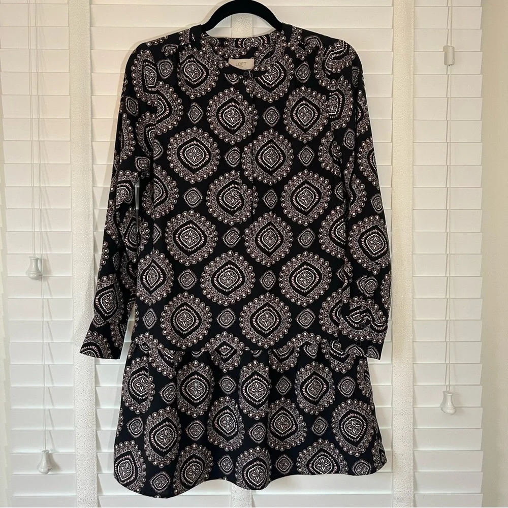 LOFT Dress Mini Long Sleeve Black Brown Paisley Shift Drop Waist XS - Picture 2 of 6